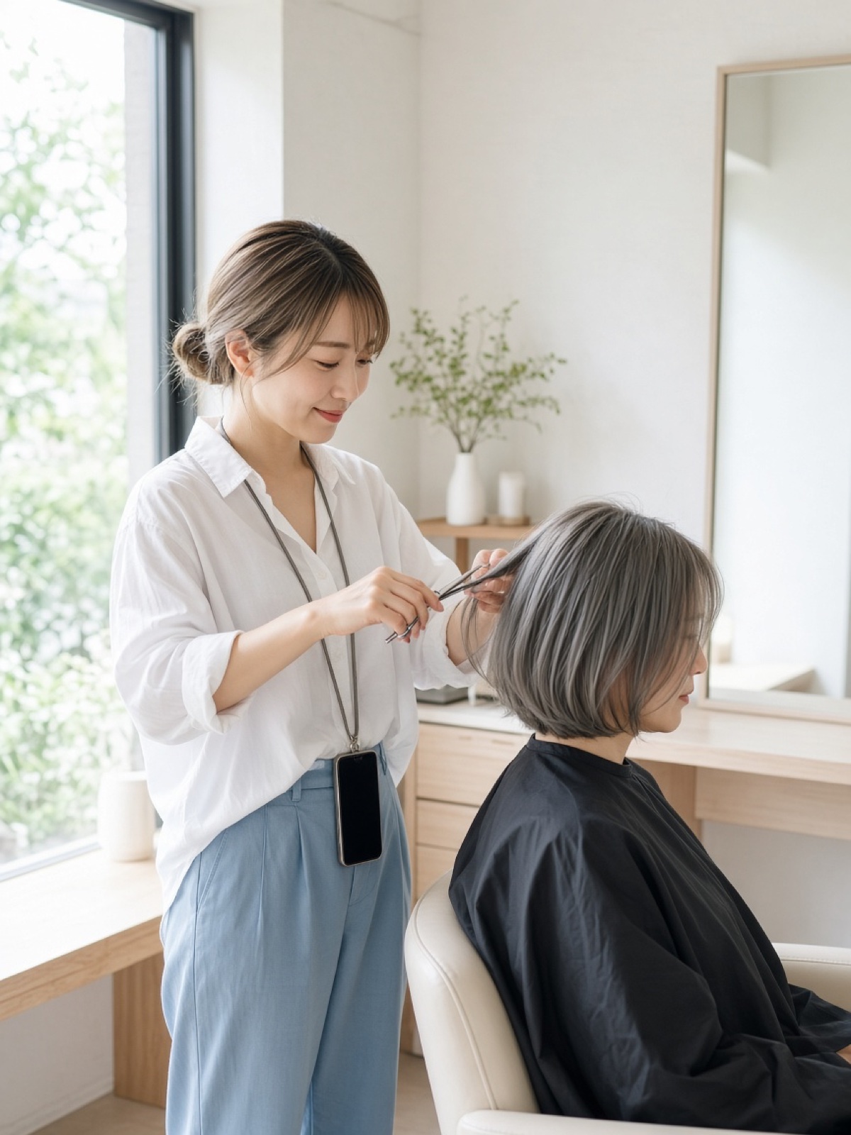 明るい美容院で、ボブの客の髪を切っている美容師