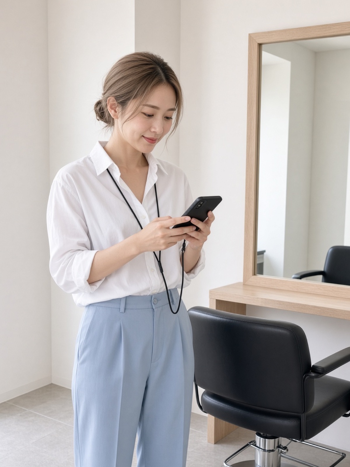 美容院で、首から下げたスマホを操作している美容師
